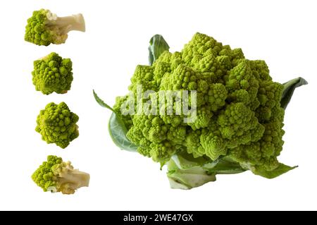 Set di cavolfiore romano. Cavolfiore romano su ciotola di legno isolato su bianco. Da vicino il cavolfiore romano. Struttura frattale di romanesco broccoli. Romana Foto Stock