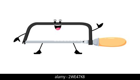 Cartoni animati divertente hacksaw fai da te, personaggio dello strumento di costruzione e riparazione. Il malvagio strumento vettoriale isolato, con sorriso felice, lama affilata e occhi animati, prospera creando sorprese giocose Illustrazione Vettoriale