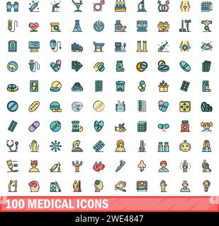 100 set di icone mediche. Set di linee colorate di icone vettoriali medicali linea sottile di colore piatta su bianco Illustrazione Vettoriale