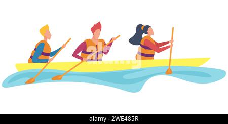 Squadra di persone in giubbotti di salvataggio galleggianti in kayak, kayak sport acquatici illustrazione vettoriale Illustrazione Vettoriale
