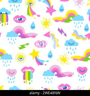 Pattern vettoriale di neon senza cuciture disegnato a mano. Elementi meteorologici psichedelici in stile cartone animato piatto su sfondo bianco Illustrazione Vettoriale