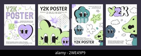 Poster Y2K Vibe con emoji a forma di cuore e nuvola. Illustrazione di cartoni animati vettoriali con volantini futuristici retrò, simpatici smiley con grandi occhi, sfondo geometrico con insegne di doodle, striscioni artistici retroondeggianti Illustrazione Vettoriale