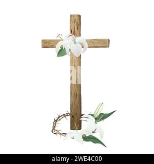 Acquerello croce in legno corona di spine e gigli per Pasqua, giovedì santo, illustrazione religiosa isolata su bianco Foto Stock