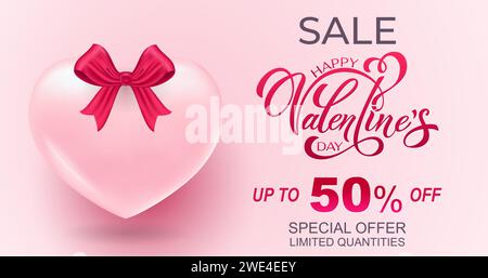 Banner di San Valentino. Composizione romantica con i cuori. Illustrazione vettoriale per siti Web, pubblicità, materiali promozionali. Udito volumetrico Illustrazione Vettoriale