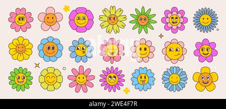 Fiori di girasole con margherita hippie in stile retrò, simpatici e felici personaggi. Facce isolate in fiore di camomilla da giardino, gioiose e stravaganti, che irradiano energia vibrante, sorridono positivamente le vibrazioni estive Illustrazione Vettoriale