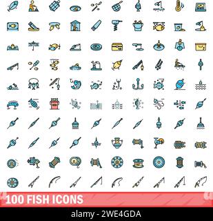 set di 100 icone per pesci. Set di linee colorate di icone vettoriali di pesci linea sottile colore piatto su bianco Illustrazione Vettoriale