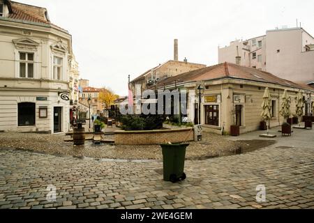 Belgrado, Serbia - 2 dicembre 2023: Una foto diurna del quartiere di Skadarlija a Belgrado, Serbia, con foglie gialle sparse per terra, Foto Stock