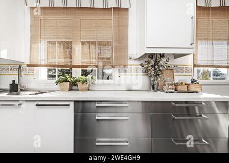 Immagine frontale della cucina arredata con una combinazione di armadietti con base bianca, cassetti con base in acciaio inox, ripiano bianco e tenda di bambù sulla W. Foto Stock