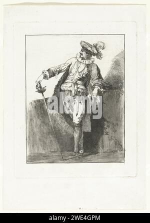 Edelman con Degen e Baret, Michel Barthélémy Ollivier, 1722 - 1784 stampa Edelman, appoggiato su un muro, nella mano destra una spada. Acquaforte in carta Francia / punto a secco adulto uomo (+ inclinato) Foto Stock