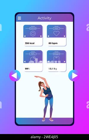 App fitness attività per concetto di salute. Schermo dello smartphone con donna sportiva in stile cartone animato. Web design e modello mobile. Illustrazione vettoriale Illustrazione Vettoriale