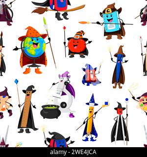 Personaggi della cancelleria della scuola di Halloween modello senza cuciture. Sfondo a piastrelle vettoriali con globo, mela, libro di testo o notebook. Personaggi magici di microscopio, affilatore, penna e matita, bussola o zaino Illustrazione Vettoriale