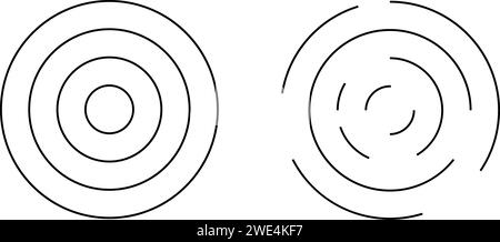 Icone di ondulazione circolare. Cerchi concentrici con linee interi e interrotte isolate su sfondo bianco. Vortice, idromassaggio, onde sonar, onde sonore, scoppio solare Illustrazione Vettoriale