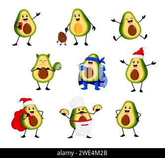 Personaggi messicani di avocado dei cartoni animati. Set vettoriale di avocat o gatto, coraggioso supereroe, Babbo natale con borsa regalo e cappello e chef con tacos vivaci e giocosi personaggi vegetali con facce divertenti Illustrazione Vettoriale