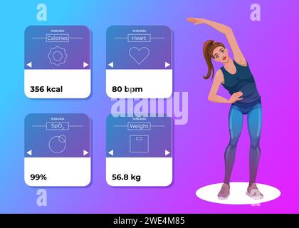 Attività fitness app per concetto di salute con donna sportiva in stile cartoni animati. Web design e modello mobile. Illustrazione vettoriale Illustrazione Vettoriale
