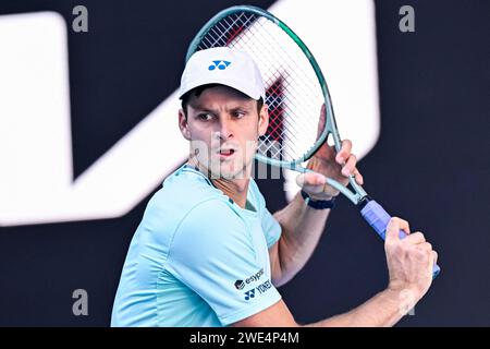 Melborune, Australia. 22 gennaio 2024. Hubert Hurkacz della Polonia durante l'Australian Open 2024, torneo di tennis del grande Slam il 22 gennaio 2024 al Melbourne Park di Melbourne, Australia. Credito: Abaca Press/Alamy Live News Foto Stock