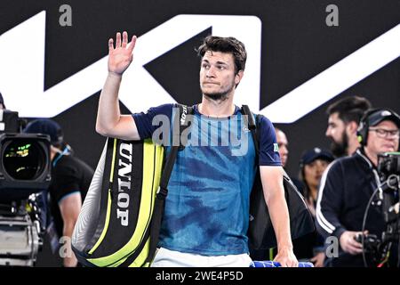 Melborune, Australia. 22 gennaio 2024. Miomir Kecmanovic durante l'Australian Open 2024, torneo di tennis del grande Slam il 22 gennaio 2024 al Melbourne Park di Melbourne, Australia. Credito: Abaca Press/Alamy Live News Foto Stock