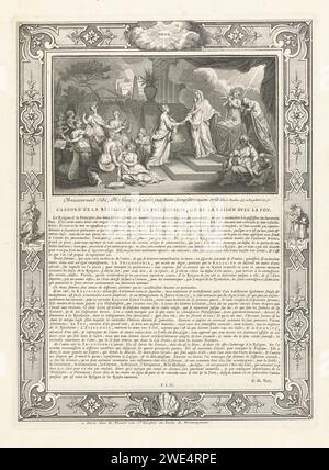 Rappresentazione allegorica dell'accordo tra religione e filosofia, o la fede e la ragione, Bernard Picart, 1708 stampa con una performance allegorica che è apparsa per una tesi di filosofia di una persona sconosciuta. La filosofia personificata, con una corona di stelle sopra la testa, scuote la mano della religione, il che indica la Bibbia. Dietro di loro ci sono speranza (spes) e fede (fides). A destra in primo piano l'amore (Caritas) che indica i bambini alle tavole della legge. A sinistra le personificazioni femminili delle sette arti libere A margine una citazione biblica in latino. Al di sotto del Foto Stock