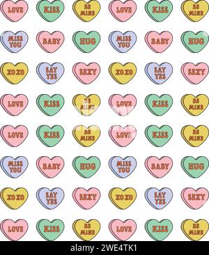 Motivo vettoriale senza cuciture di diversi colori, groovy cartoni animati retrò Valentine Love Cardies isolate su sfondo bianco Illustrazione Vettoriale