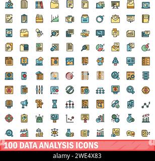 100 serie di icone di analisi dei dati. Set di linee di colore delle icone dei vettori di analisi dei dati colore linea sottile piatta su bianco Illustrazione Vettoriale