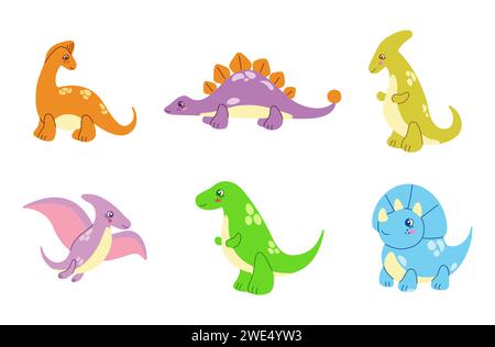 Set di simpatici doodle di dinosauro colorati. Illustrazione vettoriale disegnata a mano in stile cartone animato isolato su sfondo bianco Illustrazione Vettoriale