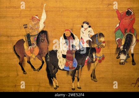 Taiwan, Taipei, Museo del Palazzo, caccia Kublai Khan, pittura di seta 1280, Liu Guandao (1258-1336) Foto Stock