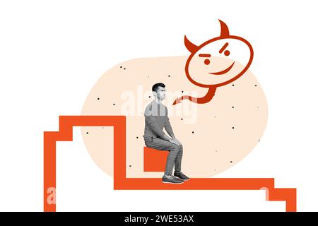 La foto collage di un giovane uomo sconvolto seduto sul podio vittima di bullismo da parte della società lo rende un pensiero aggressivo isolato su sfondo di colore beige Foto Stock