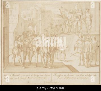 Philip van Anjou votò re, 1700, Pieter Schenk (i), 1706 - 1727 stampe Philip van Anjou votò re Filippo V, 24 novembre 1700. Sta su un palco, accanto a lui trombettieri. Incisione su carta di Amsterdam per righello Foto Stock