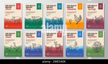 Confezionamento biologico di carne e verdure Vector Food Label Design Collection. Tipografia moderna e sagome di animali domestici disegnati a mano. Rurale Illustrazione Vettoriale
