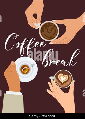 Mani che reggono tazze con vista dall'alto del caffè. Illustrazione Vettoriale