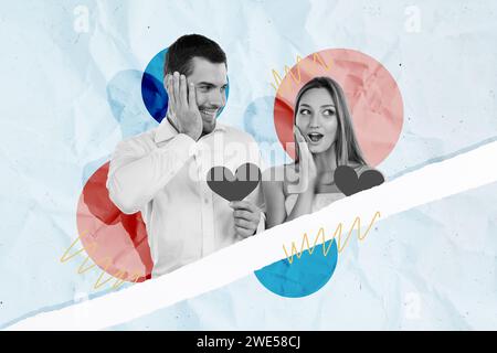 Collage fotografico orizzontale creativo di una giovane coppia simpatica e affascinante tiene il cuore impressionato dal matrimonio su sfondo di carta Foto Stock