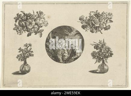 Orologio tra mazzi di fiori e vasi di fiori, Anonimo, dopo Jacques Vauquer, 1661 - 1726 stampa Cassa dell'orologio con il volo per l'Egitto. Dopo il disegno di: Francia (possibilmente)editore: Amsterdam paper Engraving Foto Stock