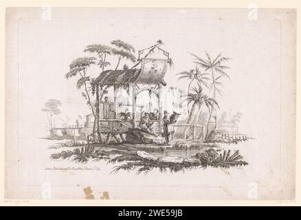 Figure con cestini su Oever, Pierre Charles Canot, dopo Jean Baptiste Pillement, stampa del 1759 ci sono una figura in piedi e seduta con cesti in un edificio di legno sulle rive di un fiume. Una terza figura con un bastone con due bolle è dietro di loro nell'edificio. Figura in piedi per incidere la carta di Londra. contenitore di materiale vegetale diverso dal legno: cestello Foto Stock