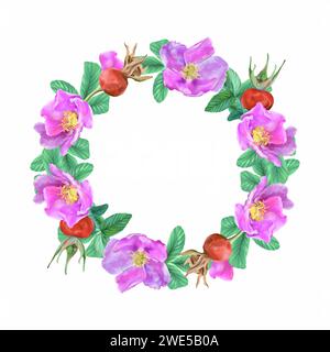 Rosa, fiori, foglie, bacche, corona. Illustrazione grafica isolata su sfondo bianco. Schede, inviti, volantini, banner, etichette, imballaggio. Foto Stock