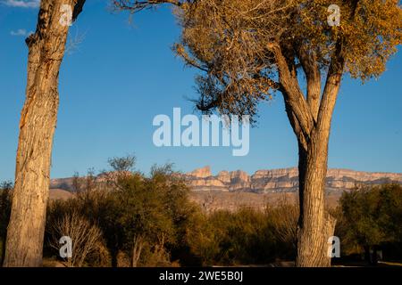 Tramonto, montagne della Sierra del Carmen; campeggio del villaggio di Rio grande. Big Bend National Park, Texas, Stati Uniti. Foto Stock