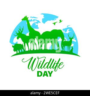 Poster vettoriale del giorno della fauna selvatica, sagome verdi degli animali selvatici sul globo terrestre. La diversità biologica comprende cinghiali, alci, giraffe ed elefanti, foreste di renne e lepre e animali africani Illustrazione Vettoriale