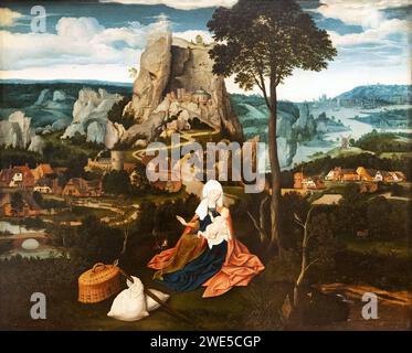 Joachim Patinir dipinge, "riposa sulla fuga in Egitto", c. 1520. Pittore fiammingo rinascimentale di paesaggio e storia, 1483-1524 Foto Stock