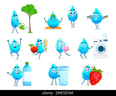 Cartoni animati allegri e felici personaggi a goccia d'acqua. Gocce di bevanda fresca, gocce d'acqua pulita o mascotte vettoriale a goccia blu. Acqua pura e allegra che innaffiano l'albero, fanno yoga e trasportano verdure Illustrazione Vettoriale