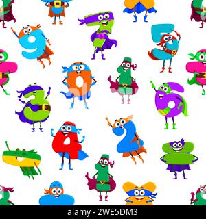 Numero matematico dei cartoni animati personaggi supereroi modello senza cuciture. Stampa divertente in tessuto, sfondo in tessuto o carta da parati vettoriale per bambini con numeri matematici, eroi numerici, difensori simpatici personaggi Illustrazione Vettoriale