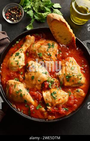 Stufato di pollo georgiano con pomodori ed erbe (chakhokhbili) in padella di ghisa su fondo di pietra scura. Pollo al forno con verdure al pomodoro Foto Stock