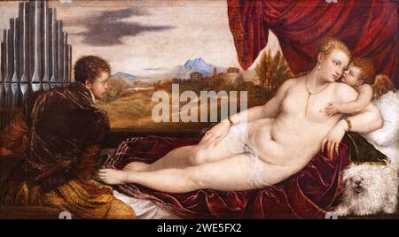 Pittura tiziana - "Venere con Organ Player" 1550; pittura rinascimentale italiana, scuola veneziana, Italia, anni '1500, xvi secolo Foto Stock