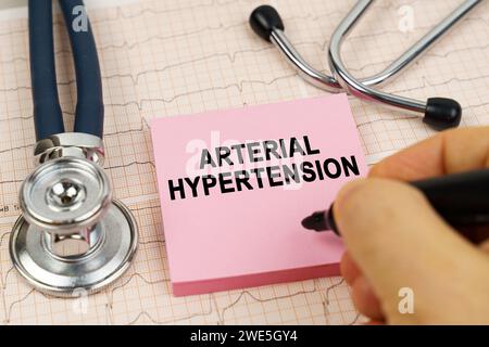 Concetto medico. Sugli elettrocardiogrammi è presente uno stetoscopio e un adesivo con la scritta - ipertensione arteriosa Foto Stock