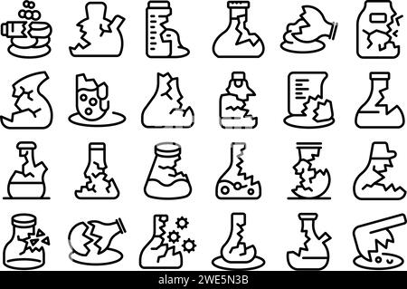 Icone di vetreria da laboratorio rotte per delineare il vettore. Scienza e medicina. Provetta per test di laboratorio Illustrazione Vettoriale
