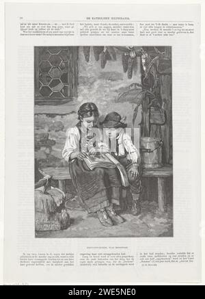 PRENTJENS AKKING, Dominicus Kersten, dopo Defregger, 1877 - 1878 stampa Un ragazzo e una ragazza sono seduti su un divano di legno di fronte a una casa e guardano in un libro fotografico. Stampa di carta letterpress nei Paesi Bassi lettura di un libro fotografico. banco. ragazzo (bambino tra il bambino e la giovinezza). ragazza (bambino tra bambino e giovane) Foto Stock