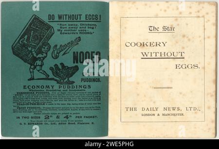 Pubblicità di copertina interna per Nooeg of leaflet, booklet, dalla pubblicazione di giornale originale dell'era della prima guerra mondiale intitolata Cookery Without Eggs, pubblicato da The Star, (di proprietà del Daily News Ltd), pubblicato durante un periodo di aumento dei prezzi alimentari e scarsità di generi alimentari, circa 1918, Regno Unito Foto Stock