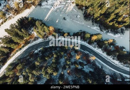 Direttamente sopra la vista aerea della strada tortuosa attraverso la foresta autunnale Foto Stock