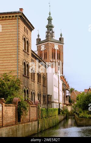 St Chiesa di Caterina#39 (Kościół św. Katarzyny) sul canale Radaune (Kanał Raduni) a Danzica (Gdańsk) nel voivodato di Pomorskie in Polonia Foto Stock