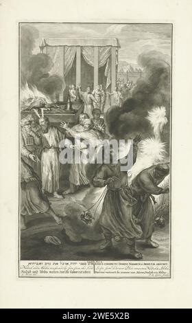 Nadab e Abihu uccisi dalle fiamme, Jacob de Later, dopo Gerard Hoet (i), 1728 stampano i figli di Aronne, Nadab e Abihu, commessi agli occhi di Dio facendo un fuoco sbagliato nelle loro ciotole. Per punizione, Dio lascia bruciare i fratelli. Spettacolo biblico da LEV. 10: 1-3 con il titolo della mostra in sei lingue a margine. Incidere / incidere su carta di Amsterdam due figli di Aaron, Nadab e Abihu, offrono incenso nei loro censimenti a Dio, che li punisce per questo inviando un fuoco che li uccide Foto Stock