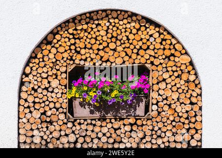 Fornitura di legno per camino, vasi di fiori, Truden, alto Adige, Italia Foto Stock