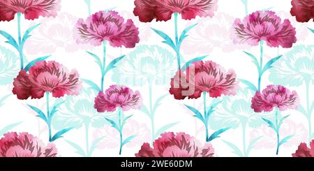 Motivo ad acquerello con fiori rosa garofano senza cuciture. disegno manuale. Non ai, illustrazione vettoriale Illustrazione Vettoriale