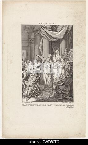 Jojada chiama Joas re di Giuda, Theodoor Koning, dopo Jacobus Buys, 1780 stampa in un tempio, Joas di sette anni è nominato dal sommo sacerdote Jojada, che si trova accanto a lui, come nuovo re di Giuda. Joas si erge su un trono e ha un bastone nella mano destra. Per Jojada e Joas, il furioso re Atalja, che grida che si tratta di alto tradimento, viene colpito. Questa stampa è un'illustrazione nel settimo capitolo del nono libro di "tutte le opere di Flavio Giuseppe". L'incisione di carta di Amsterdam Joash viene proclamata re all'età di sette anni Foto Stock